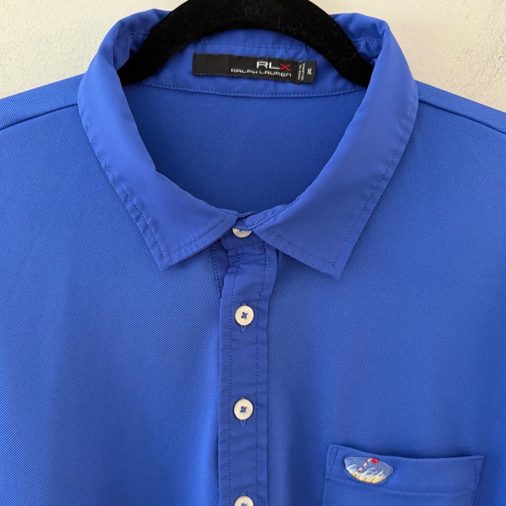 RLX Ralph Lauren Mens Blue Short Sleeve Performance Polo Shirt XL Graphic Pocket